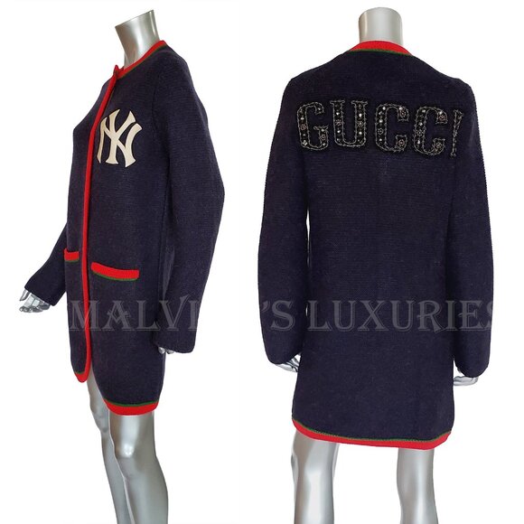 GUCCI CARDIGAN LONG SWEATER NY YANKEES LOGO PATCH WOOL ALPACA sz S SMALL - Picture 7 of 16